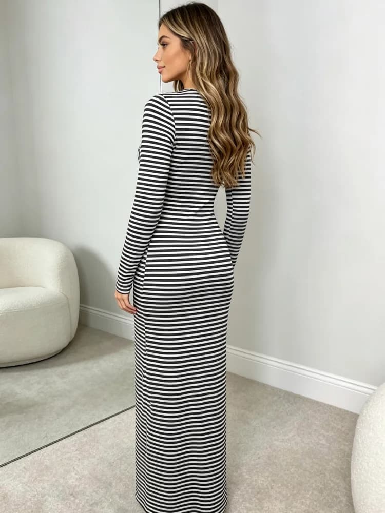 Long Sleeve Striped Bodycon Maxi Dress