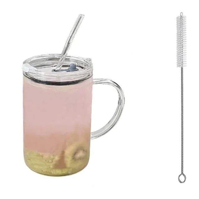 1L Glass Drinking Cup with Lid and Straw