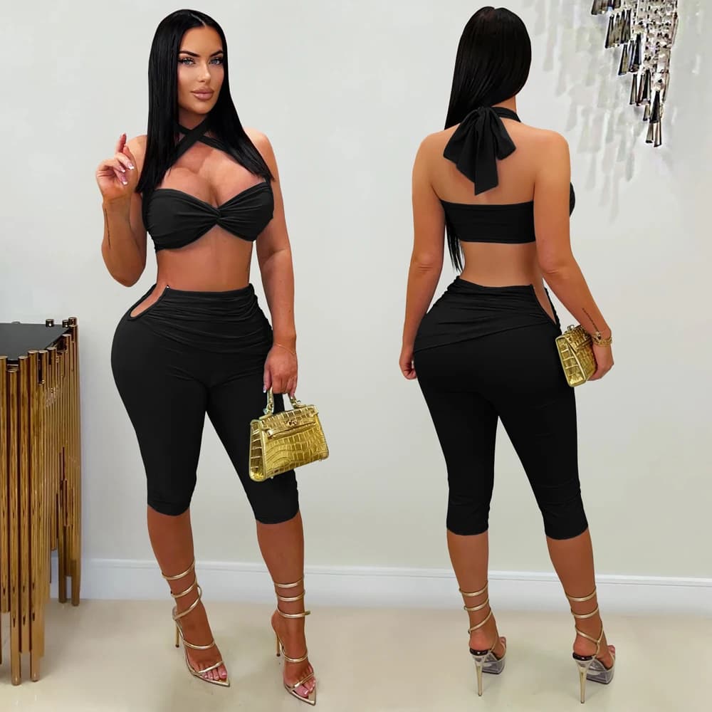Cross Neck Crop Top and Capri Legging Set