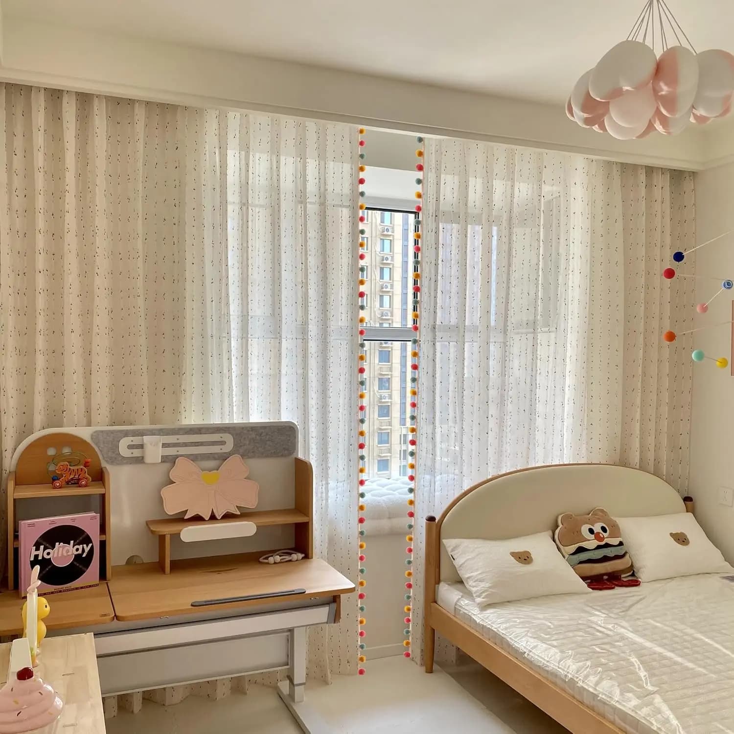 Rainbow Stripe Sheer Curtain Panels with Pompom Trim