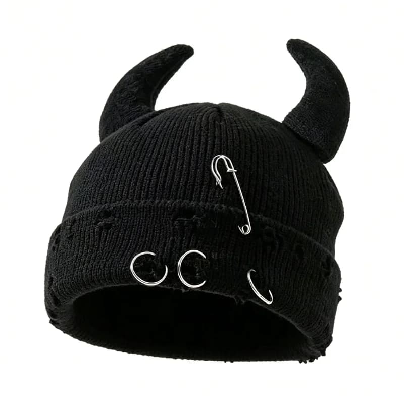 Devil Horn Knit Beanie with Ring Pin