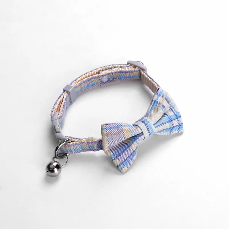Adjustable Pet Collar with Bell and Plaid Bowtie