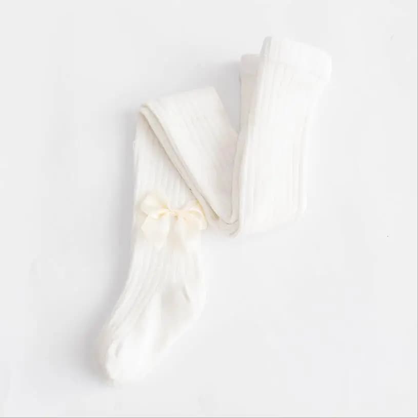 Kids Ribbed Tights With Floral Bow