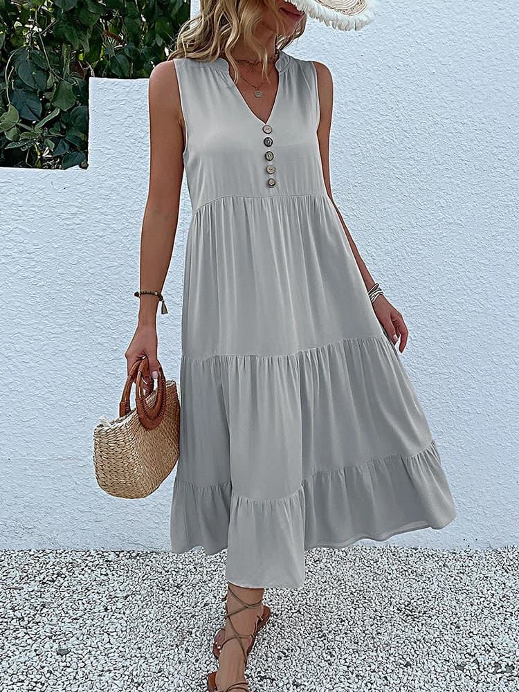 Casual Summer Midi Dress Sleeveless V-Neck