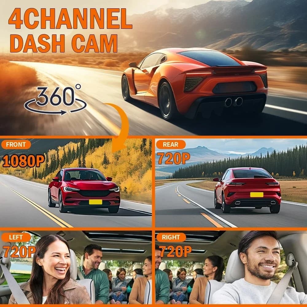 Dash Cam 3.16-inch Car Driving Recorde 360° Rotating with Four Lens 1080P Rear/Left/Right 720P,WiFI Night Vision, Loop Recording