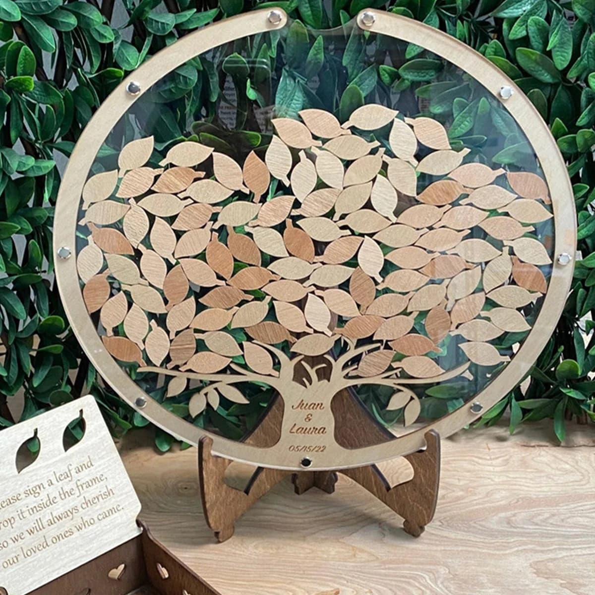 Wooden Round Guest Book Drop Box with Leaves