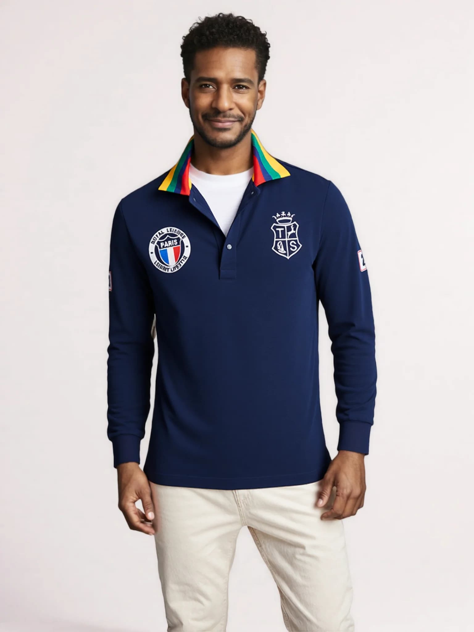 Navy Cotton Long Sleeve Polo Shirt with Paris Embroidery