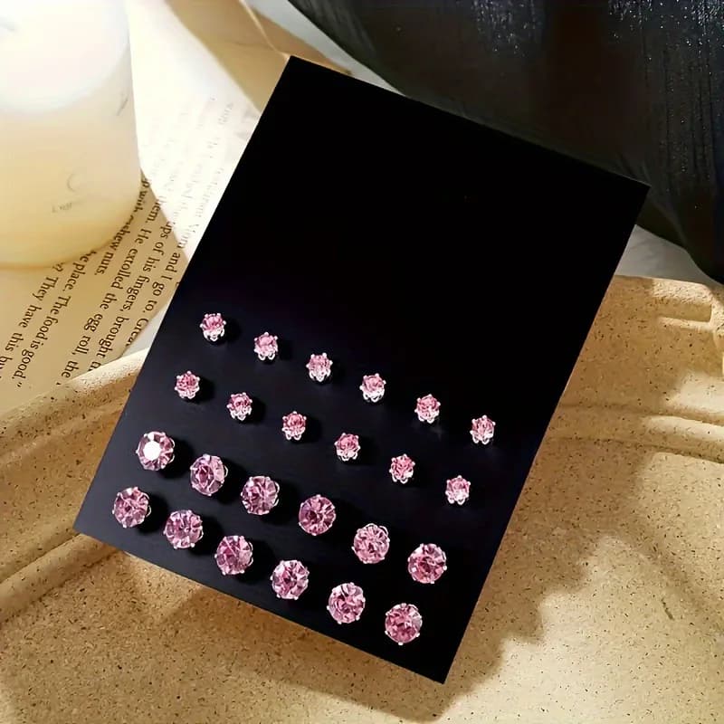 Zirconia Stud Earrings Set, 12 Pairs