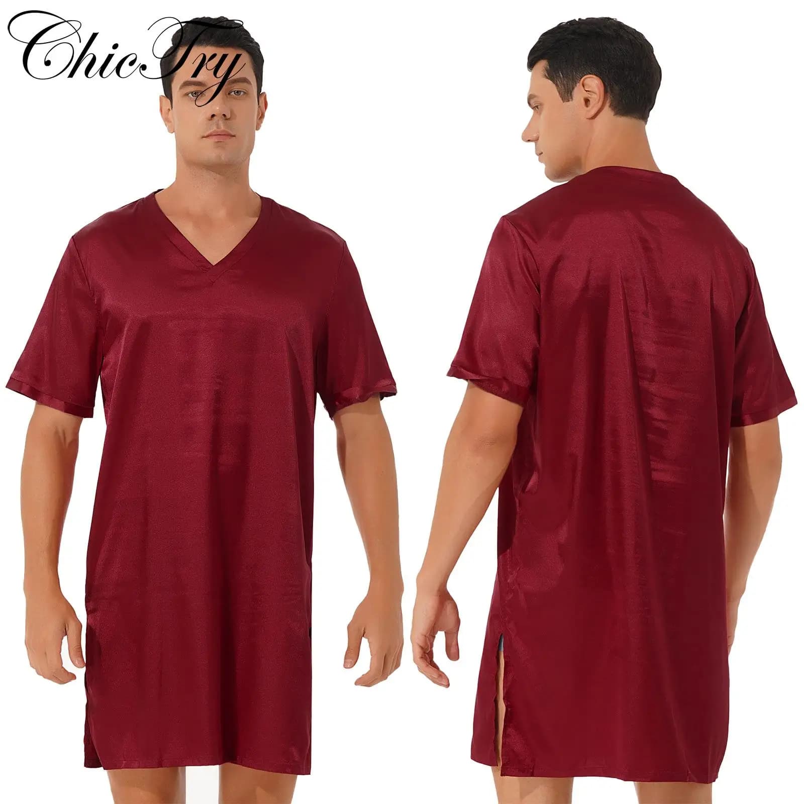 Men's Satin V-Neck Short Sleeve Nightshirt