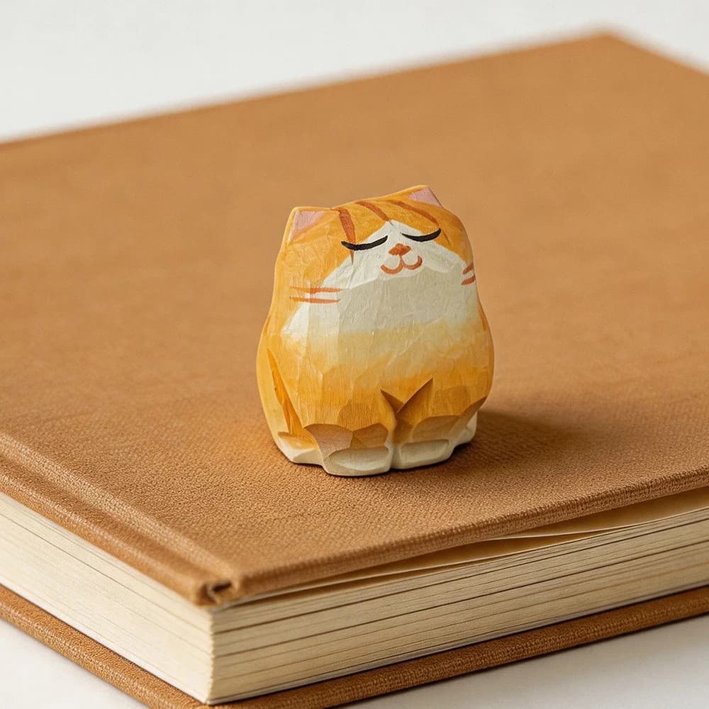 Hand Carved Wooden Cat Figurines Cute Kitten Statue with Mini Bench Home Orange Calico Cat Ragdoll Cat Desktop Ornament Gift