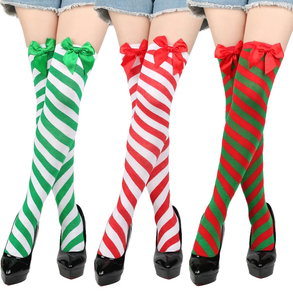 Christmas Striped Knee Socks with Bows