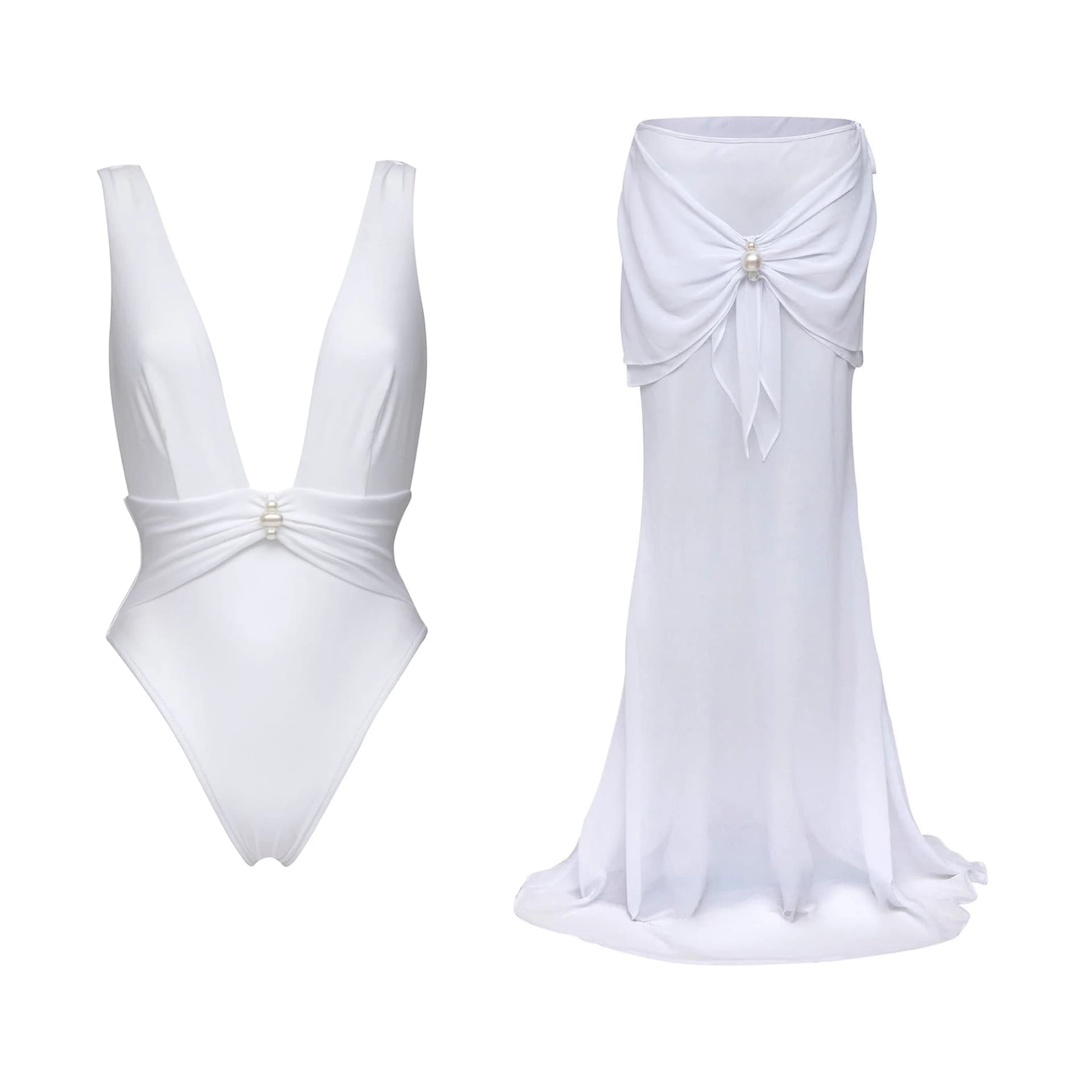 White Halter High-Leg Bikini With Skirt