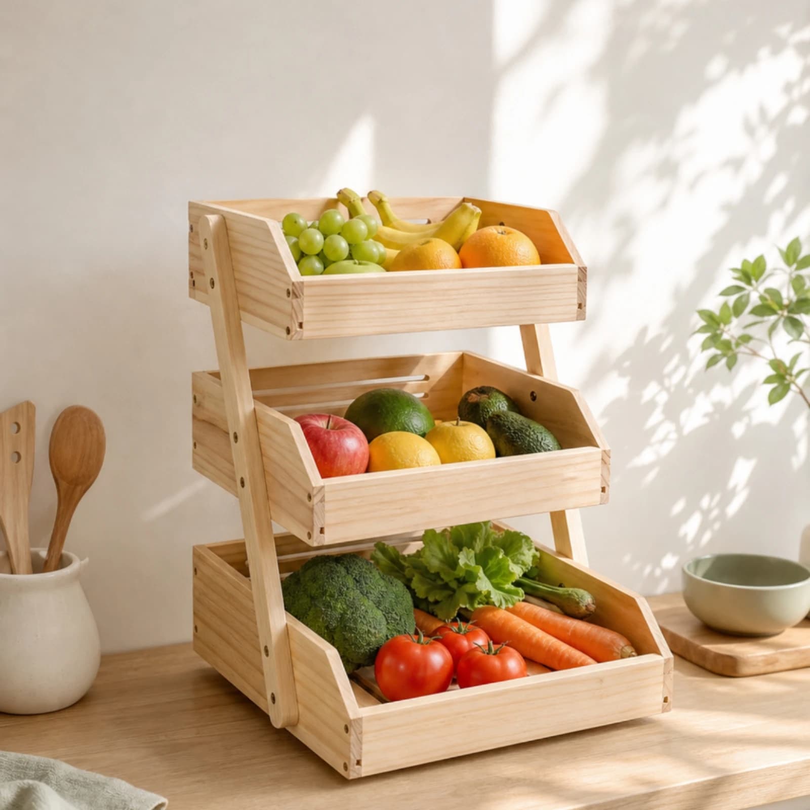 Wooden Countertop Produce Organizer Rack