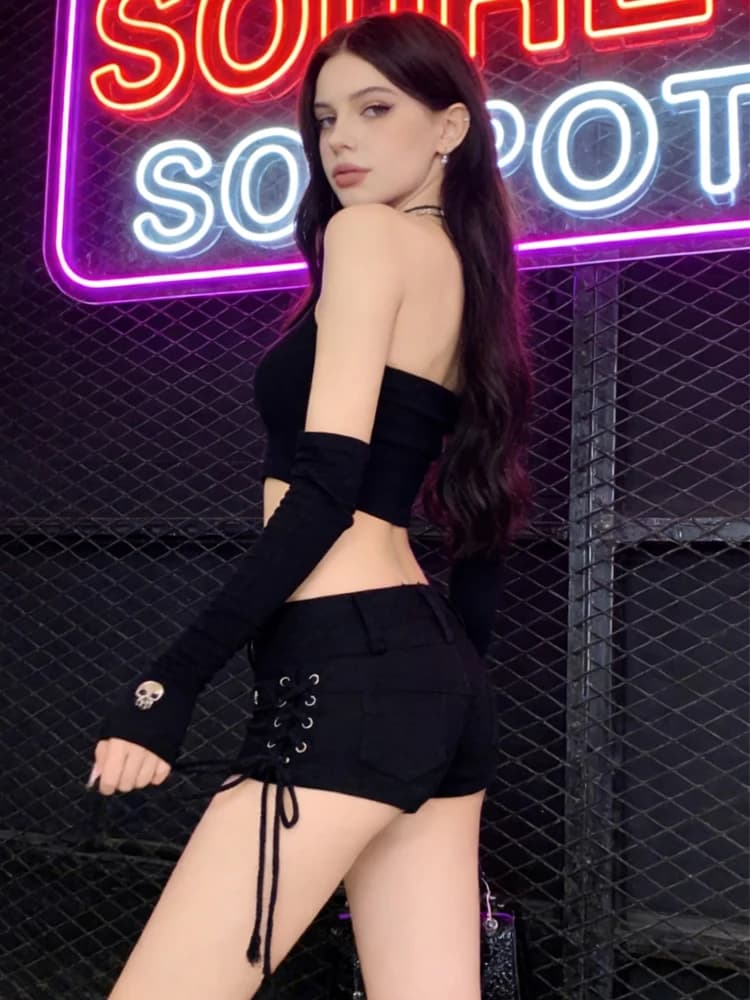 Black Gothic Denim Shorts Low Waist