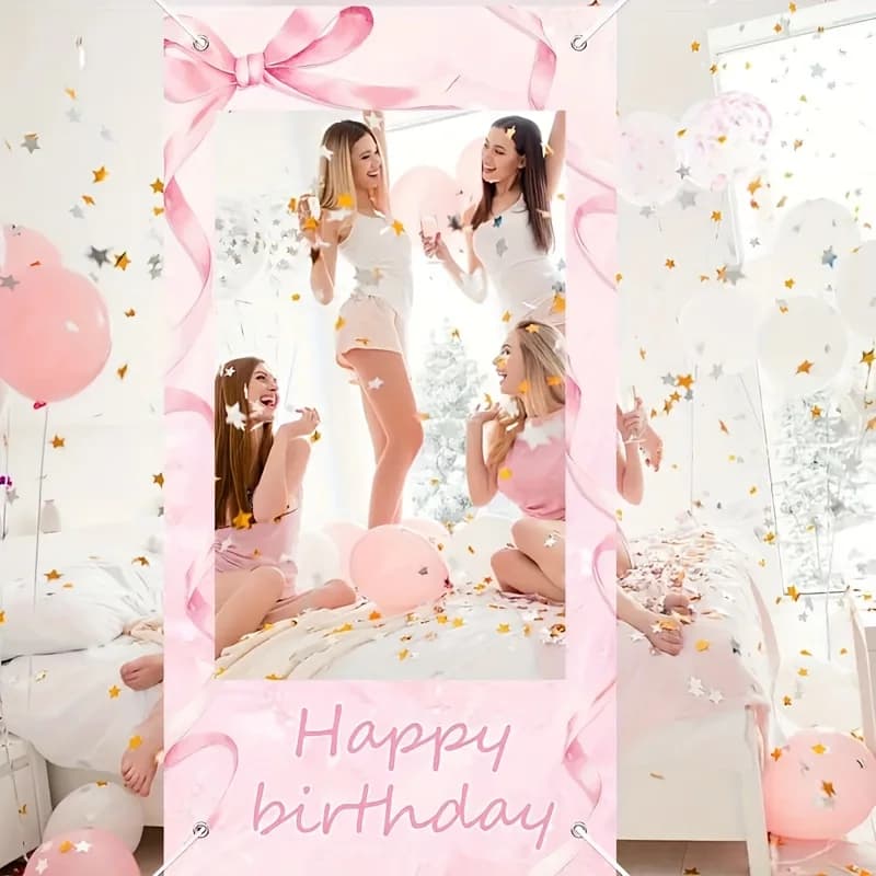Sweet Pink Bow Happy Birthday Party Photo Booth Props - Birthday Photo Background Banner