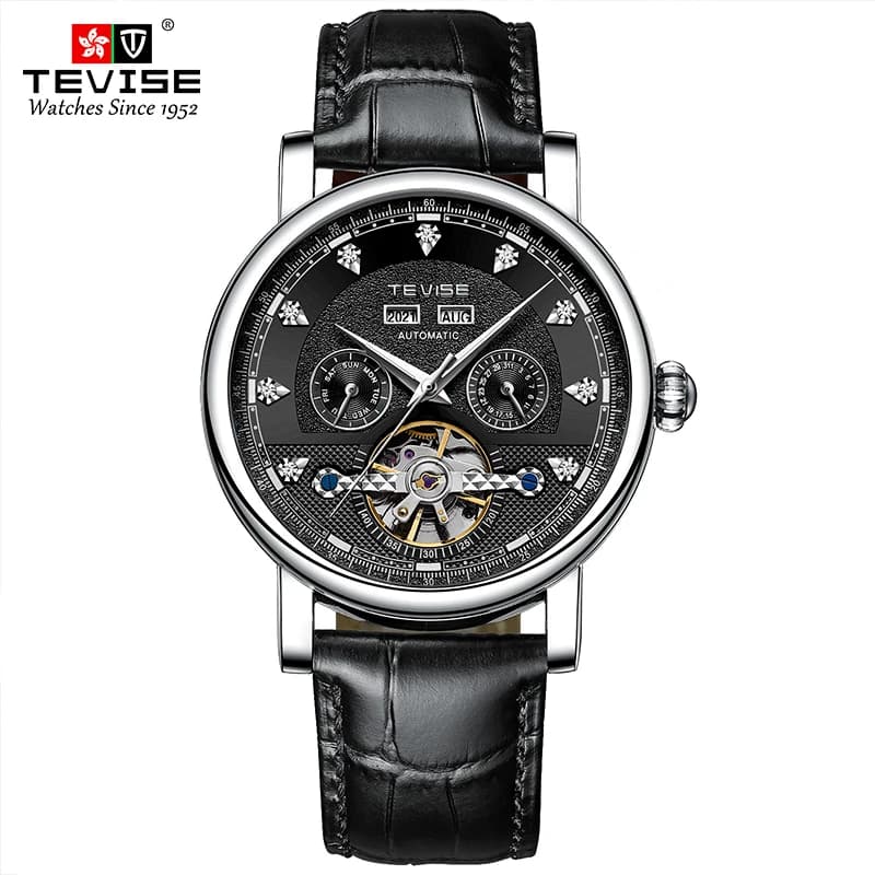 TEVISE Watch for Man Automatic Mechanical Movement Casual Leather Wristwatch Luminous Waterproof Business Gift