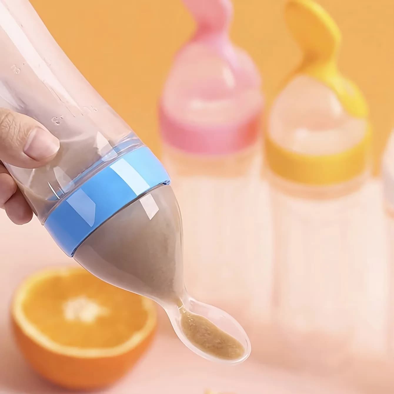 7pcs Baby Feeding Set: 2pcs Soft Silicone Feeding Bottle with Spoon,2pcs Fruit Feeder Pacifier with 3-Size Nipples