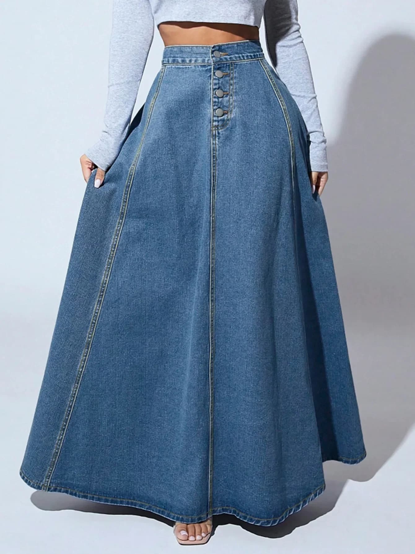 High Waist A-Line Denim Maxi Skirt