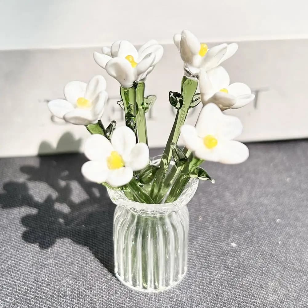 Hand-Blown Glass Flower Bouquet with Vase