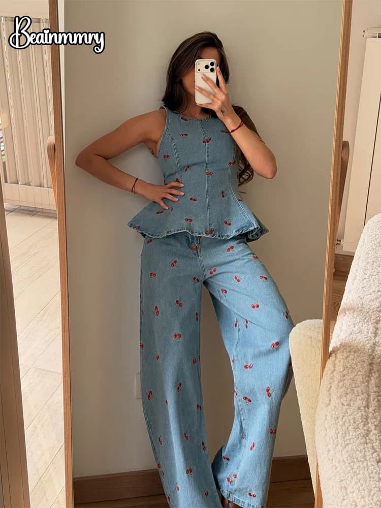Denim Printed Sleeveless 2-Piece Suit Set