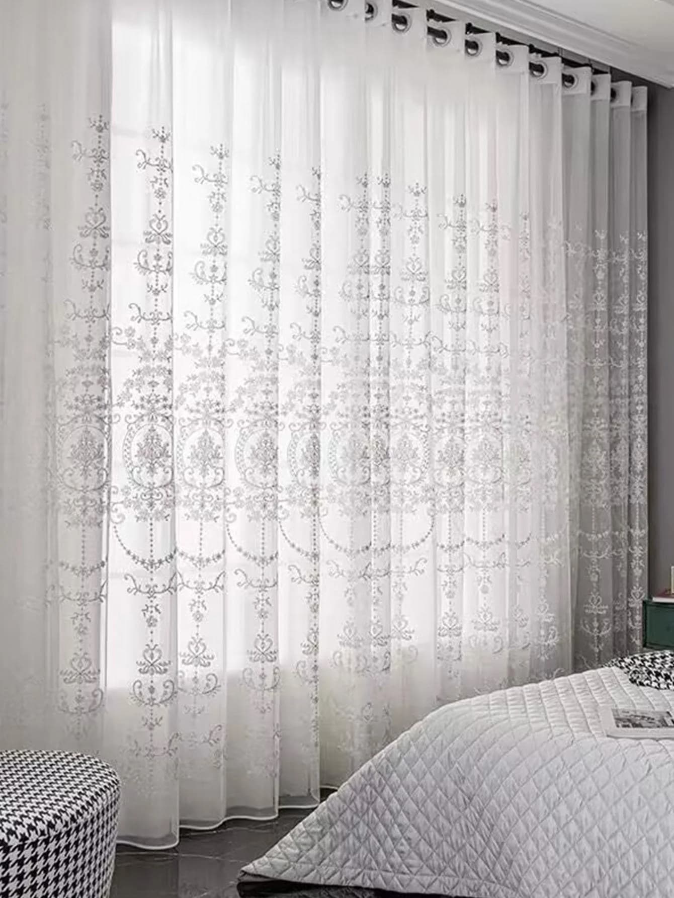 White Embroidered Floral Voile Sheer Curtains