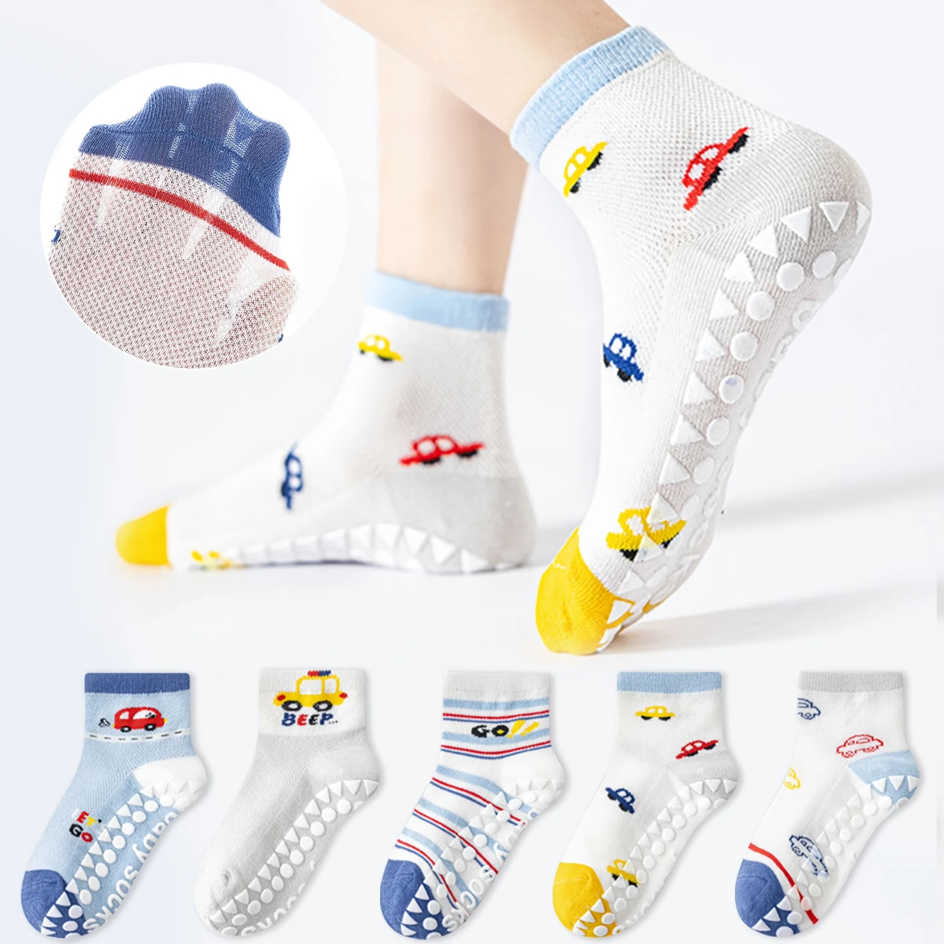 Children's Floor Socks with Non-Slip Soles, 5-Pack