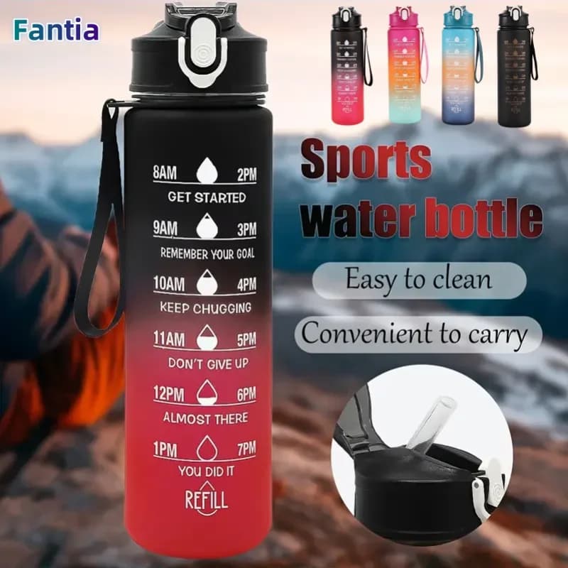 Sports Water Bottle with Time Tracker and Straw