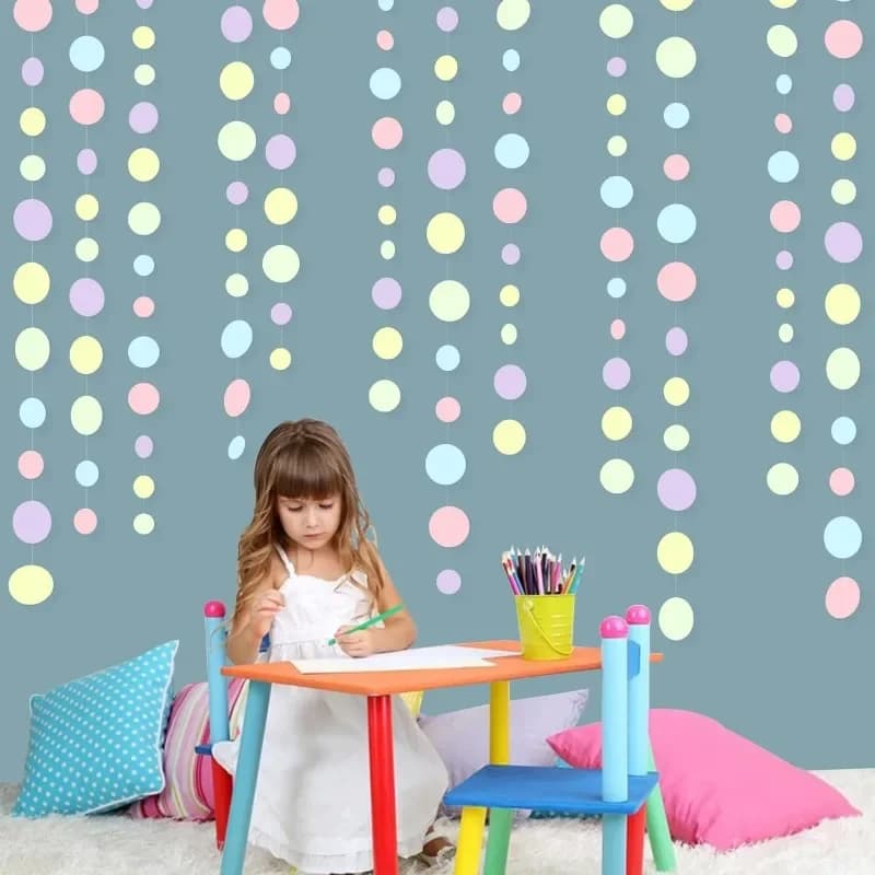 Pastel Kids Birthday Party Decorations Blue Purple Pink Green Circle Garland Hanging for Baby Shower Paper Polka Dot Streamers