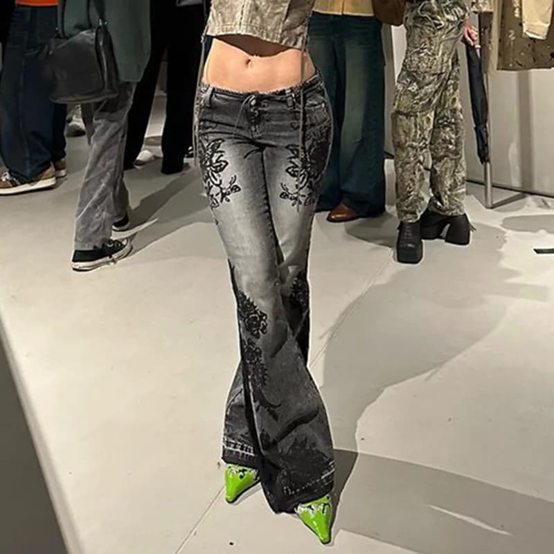 Women's Vintage Plant Print Low-Rise Flare Jeans