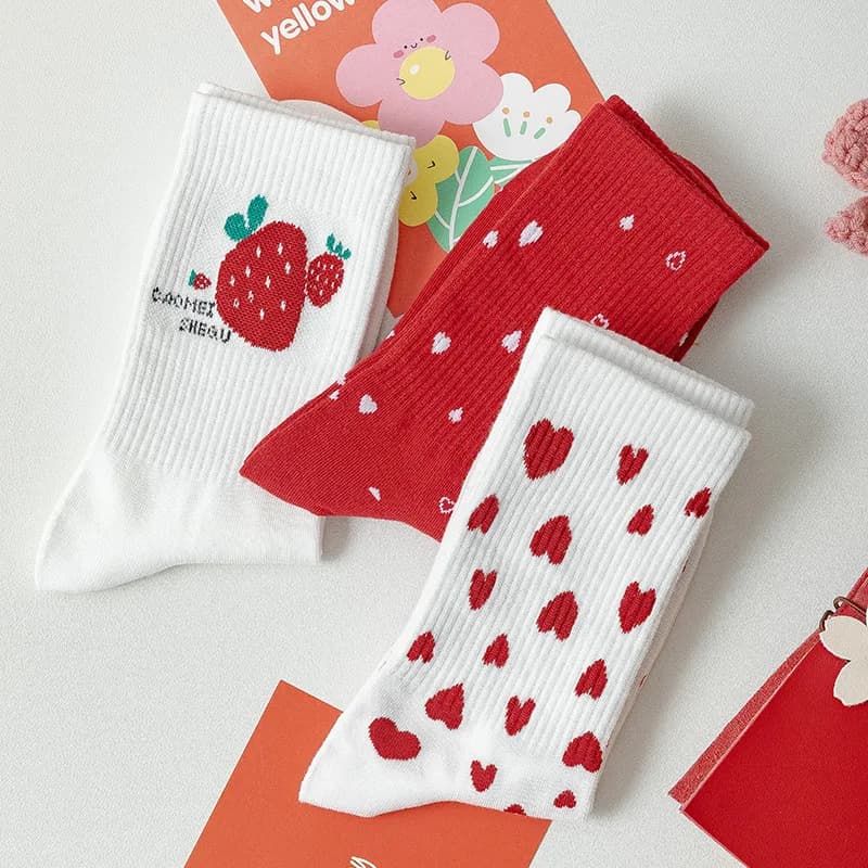 Cotton Socks Women Strawberry Heart Print Japanese Style