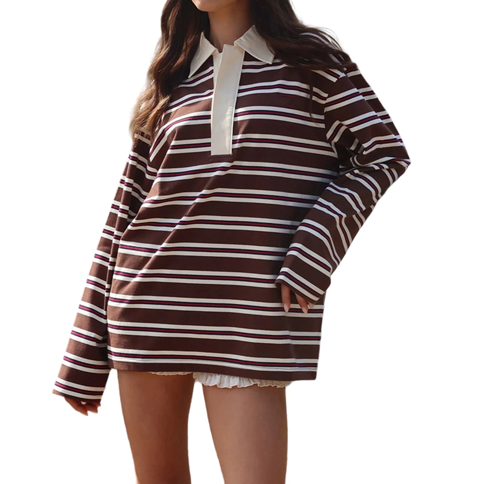 Women's Spring Fall Fashionable  Striped Print Collared Tops Casual Long Sleeve Loose Fit Lapel T-shirts