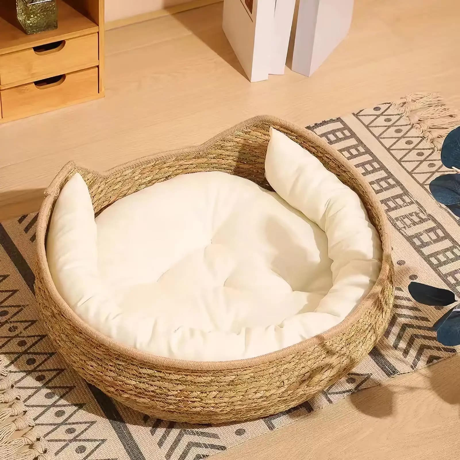 Woven Cotton Rope Round Cat Bed with Pillow