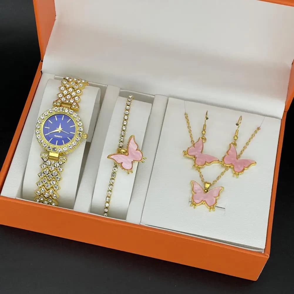1 Set Women Jewelry Set with Gift Box Complete Collection of Quartz Watch Necklace Bracelet Ring Earring Set Golden Jewelry Gift