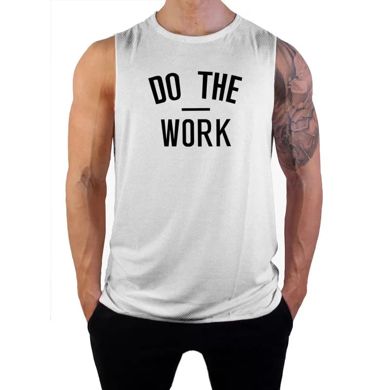 Men's Gym Clothing DO THE WORK Printed Sports Quick Dry Bodybuilding Shirts Casual Breathable Mesh O-neck Muscle Fitness Vests