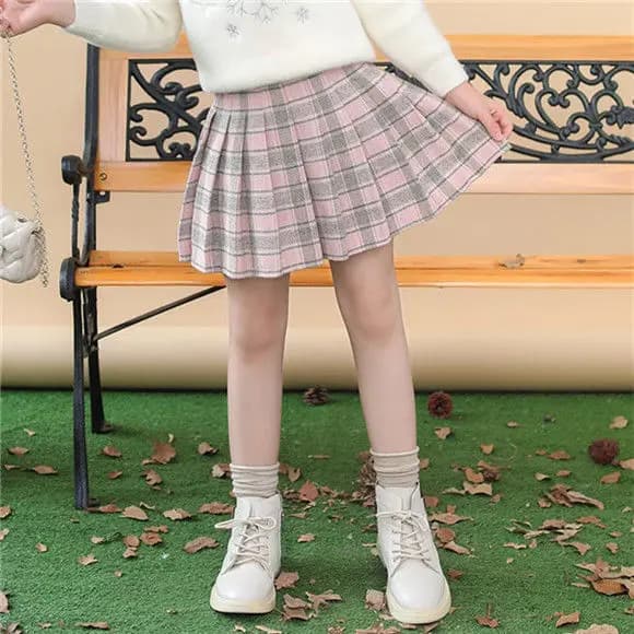 Girls Pleated Plaid Winter Wool Skirt