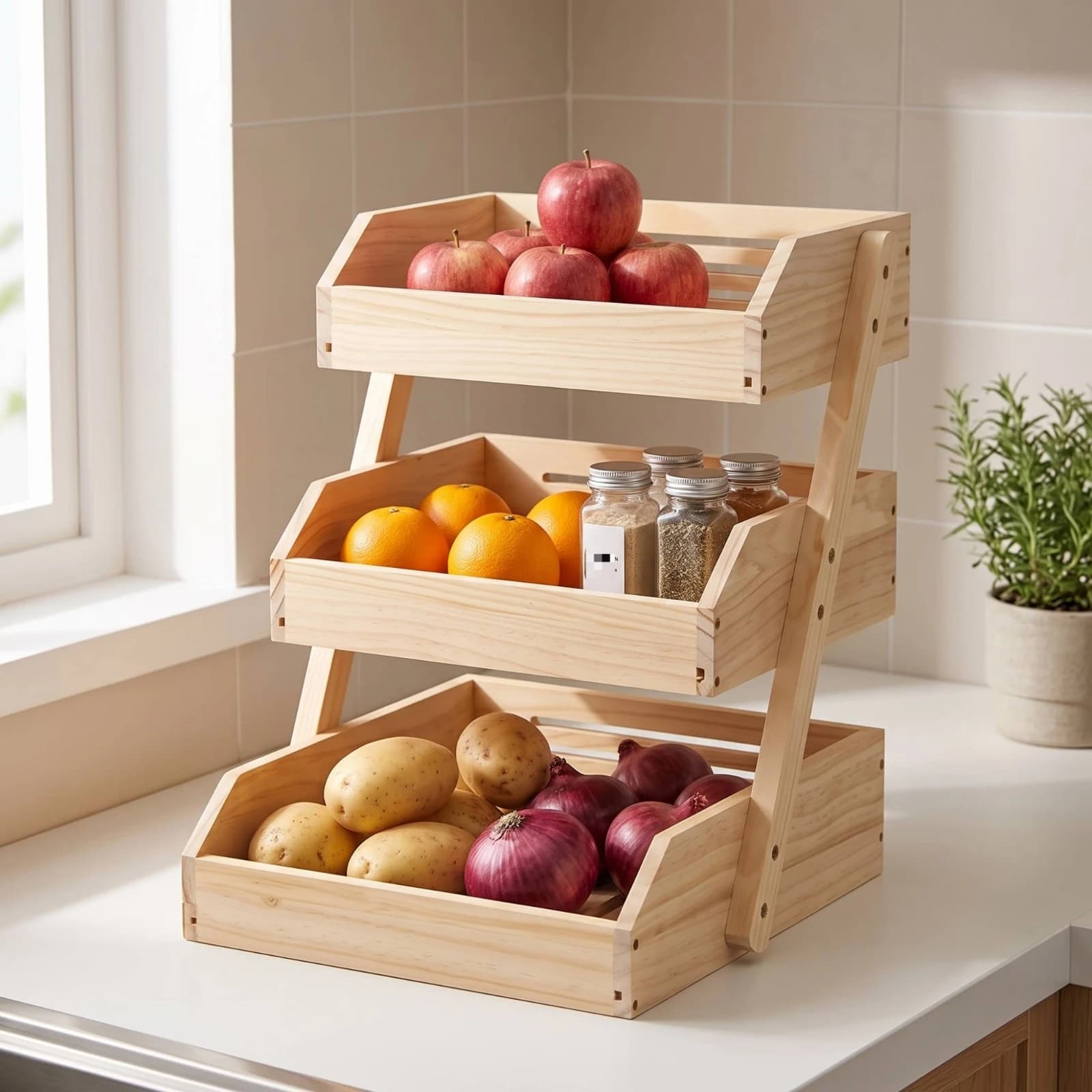Wooden Countertop Produce Organizer Rack