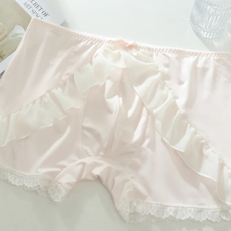Men's Boxer Briefs Sexy Ruffle Lace Trim Satin Underwear With Bow Decor Soft Breathable Mid Rise Boxers