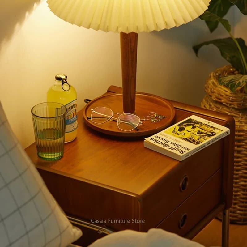 Compact Modern Minimalist Solid Wood Nightstand with Storage Drawers for Small Bedroom, Bedside Cabinet