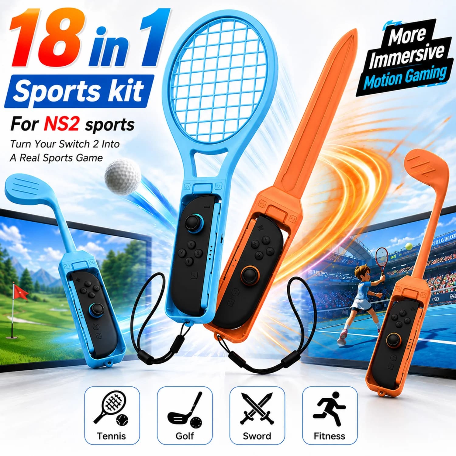 18 in 1 Sports Game Accessories Kit for NS Switch 2 Joy-Con , Golf Clubs Tennis Rackets Swords Wrist Strap Joy-Con Accessories