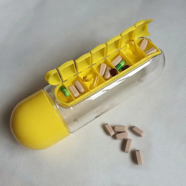 Portable Water Bottle with Built-in Pill Box for Medicines, Vitamins, Perfect for Outdoor, Gym, Fitness, Camping and Traveling