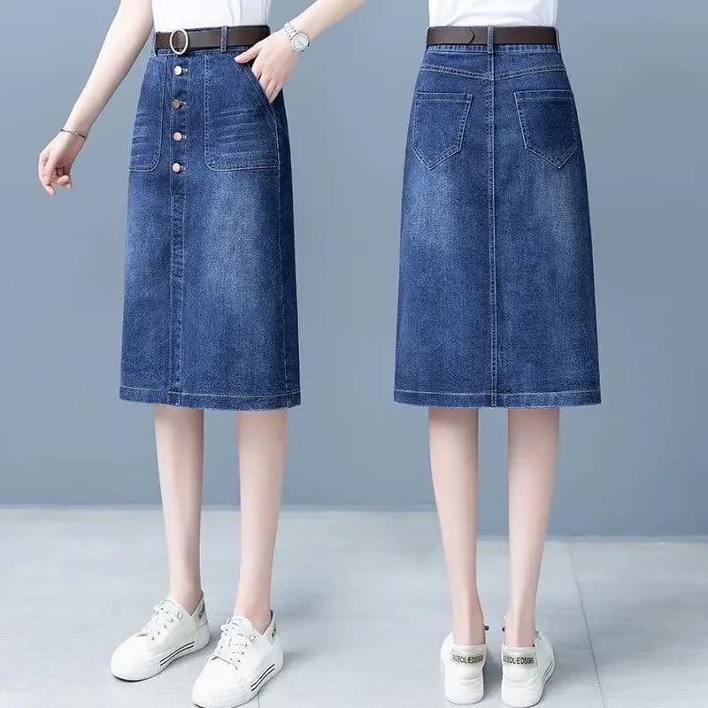 High Waist Denim Midi Skirt with Slit