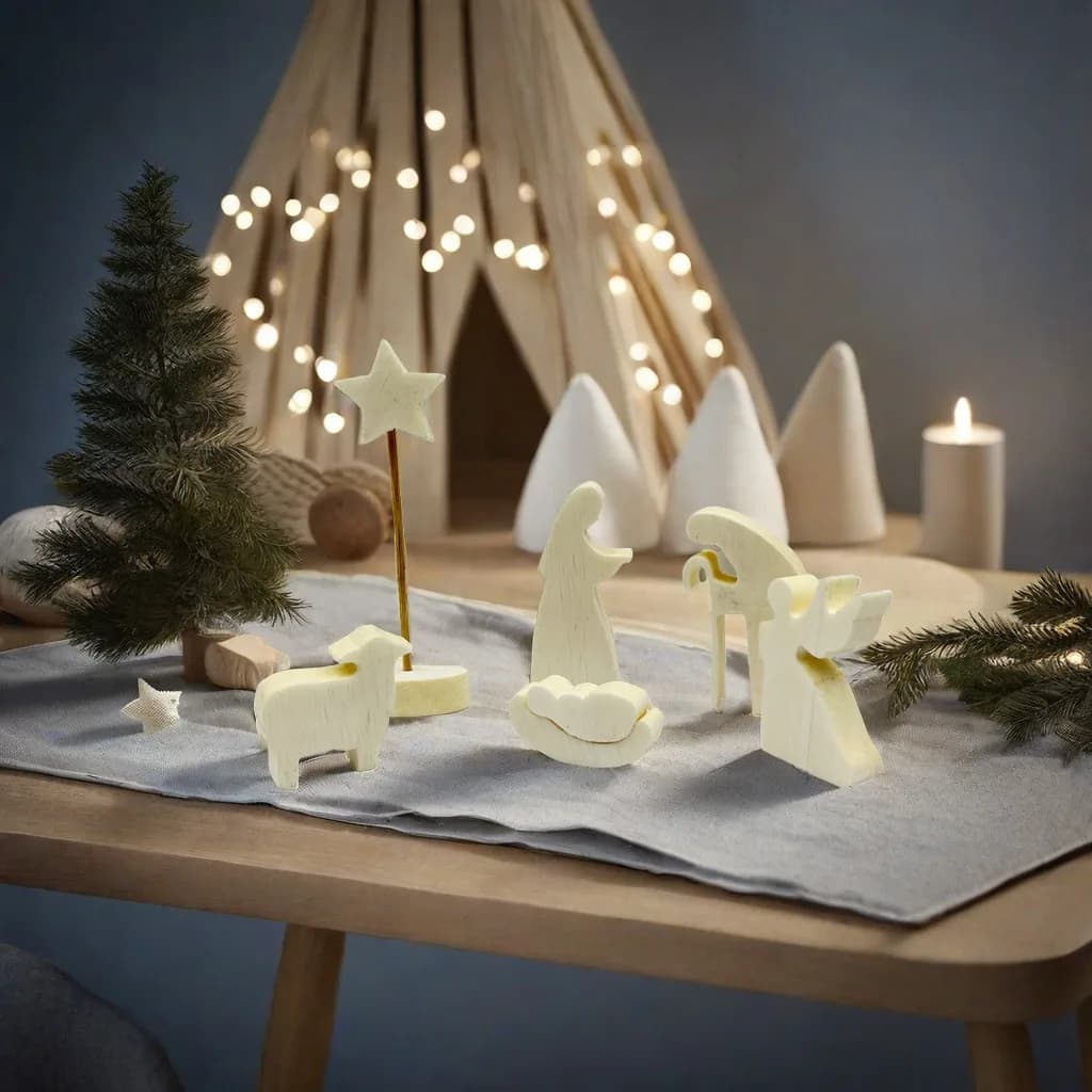 Wooden Nativity Set with 11 Natural Wood Figurines