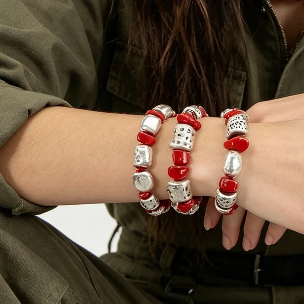 Red and Antiqued Silver Stackable Beaded Bracelet Set