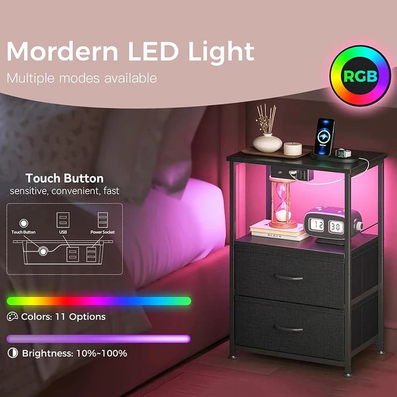 Night Stand with Charging Station and LED Lights End Table for Bedroom with 2 Fabric Drawers Storage Shelf Bedside Table Black