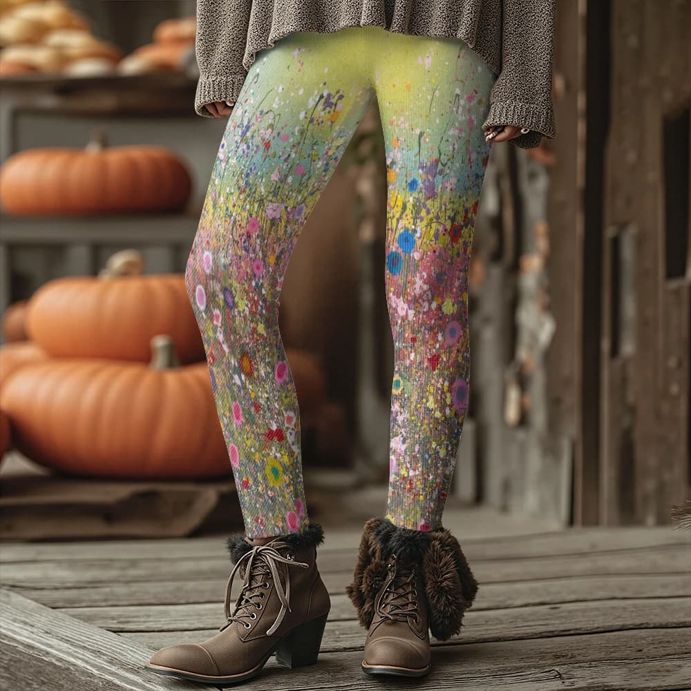Colorful Blooming Flowers Pattern Women's Leggings Autumn Winter Warm Fashion Tights Stylish Outdoor Look Fashion Streetwear