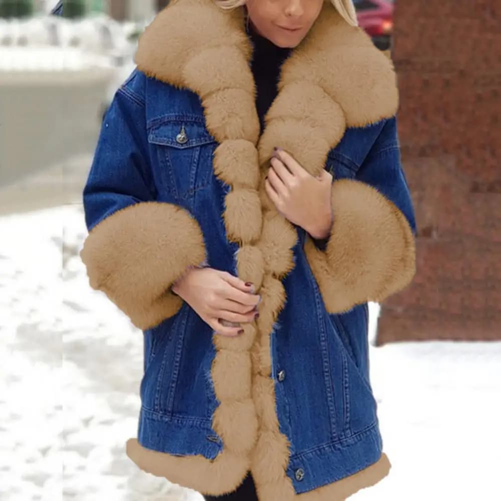 Women's Winter Denim Jacket with Faux Fur Trim