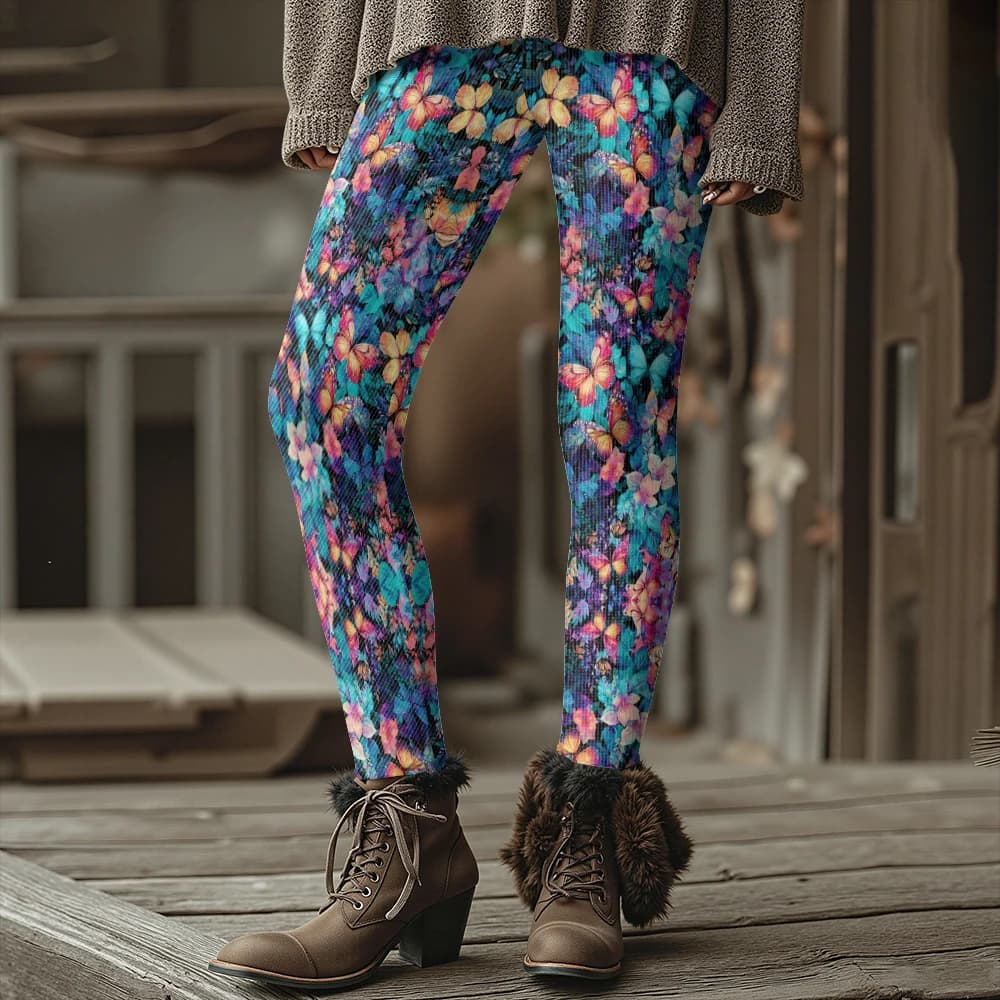 Colorful Blooming Flowers Pattern Women's Leggings Autumn Winter Warm Fashion Tights Stylish Outdoor Look Fashion Streetwear
