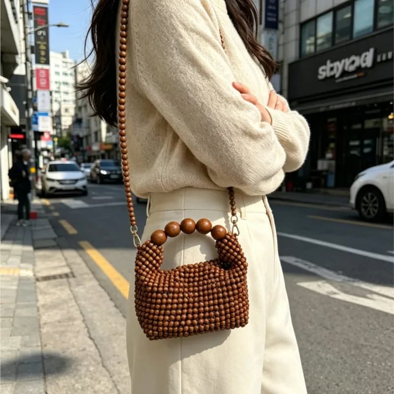 Handmade Woven Handbag Wood Beaded Handbag For Women Exquisite Hollow-out Wooden Beaded Shoulder Bag Female Beach Bag