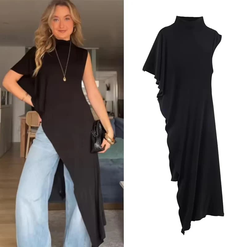 Women's Dress 2026 New Fashion Spring Summer Black Asymmetric Ruffle Dress for Women Casual Chic Personality Top