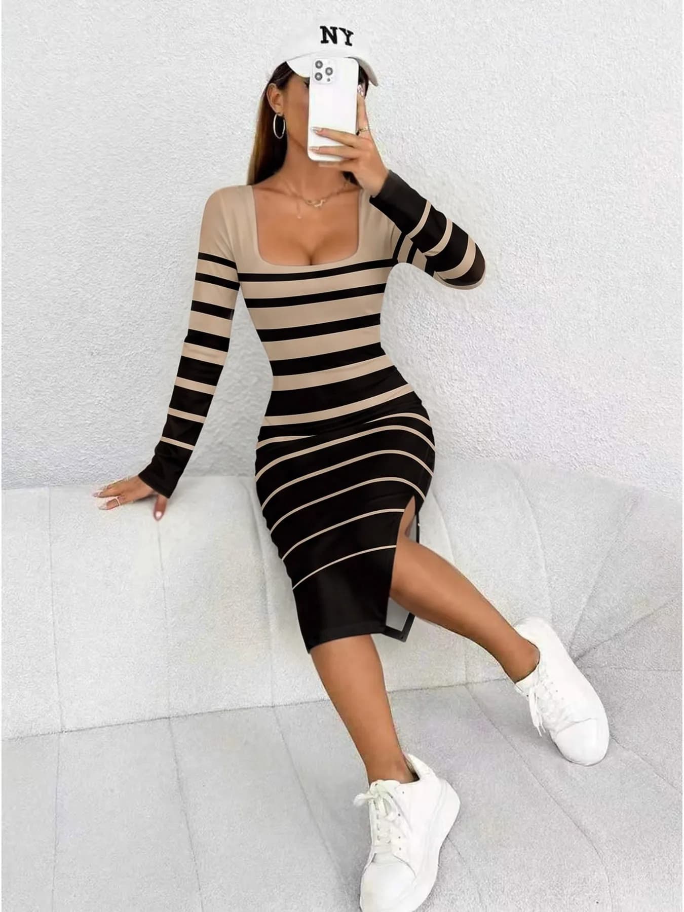 Women's Striped Maxi Dress with Square Neck